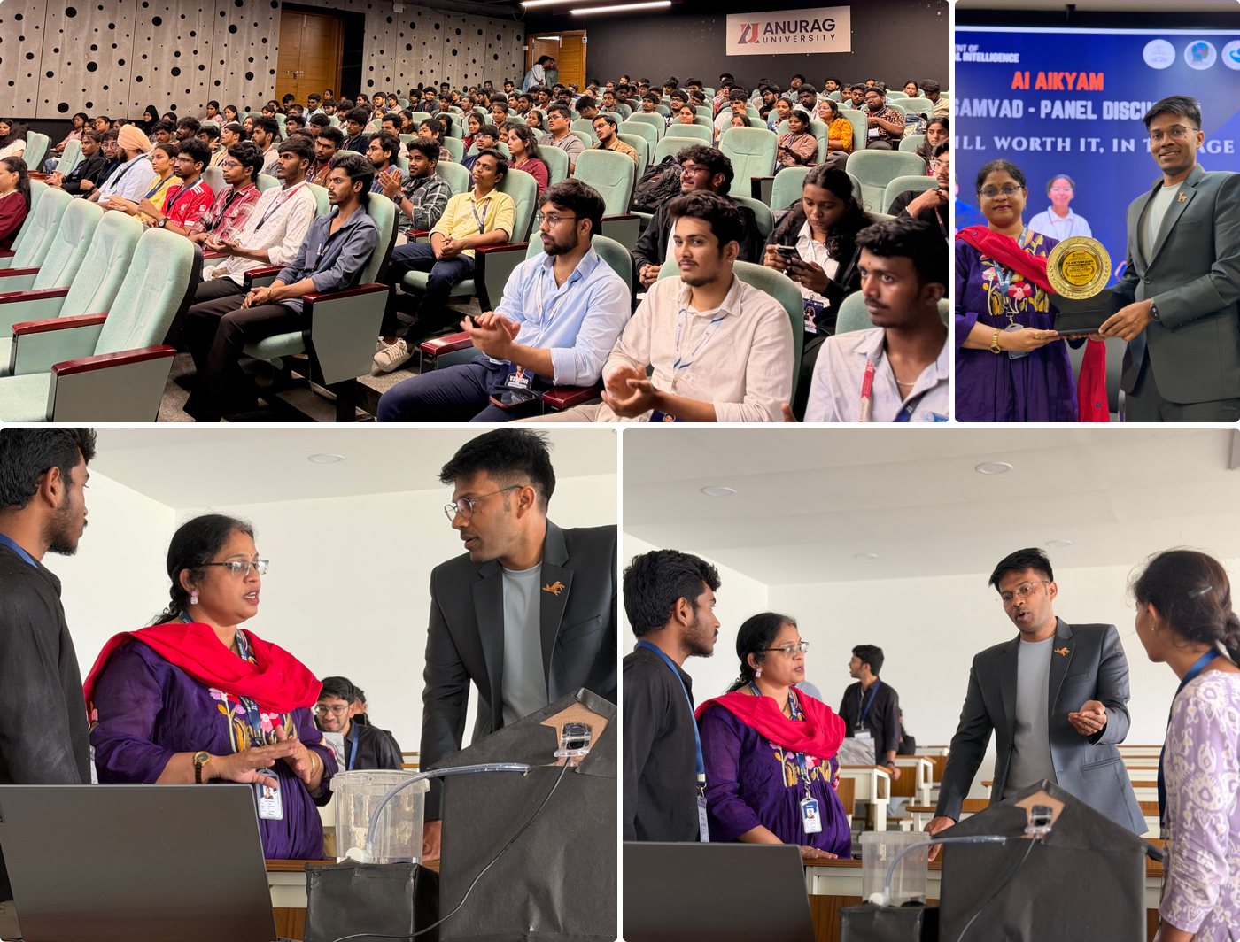 AI AIKYAM 2026 at Anurag University: students in the auditorium, a souvenir of appreciation for Pradeep Bansal, and student project evaluations