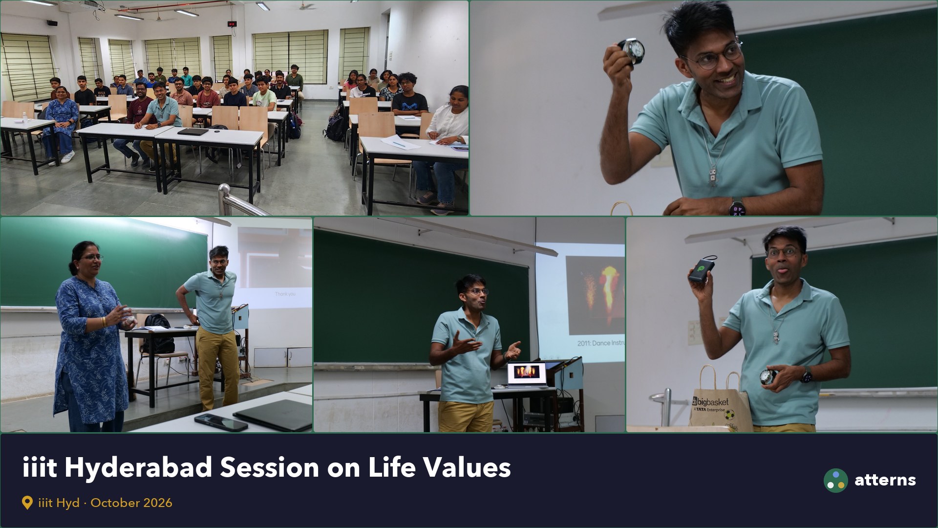 IIIT Hyderabad Life Values class: Dean Prof. Radhika Mamidi introducing the session, students in the classroom and the talk